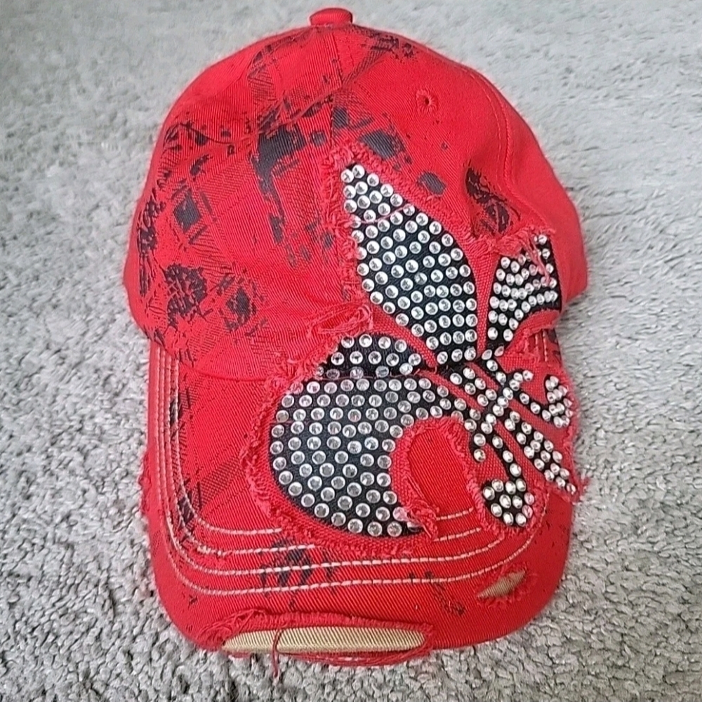 Leader Hat Cap Red Distressed Rhinestones Fleur De Lis Bling Rock Biker Ladies